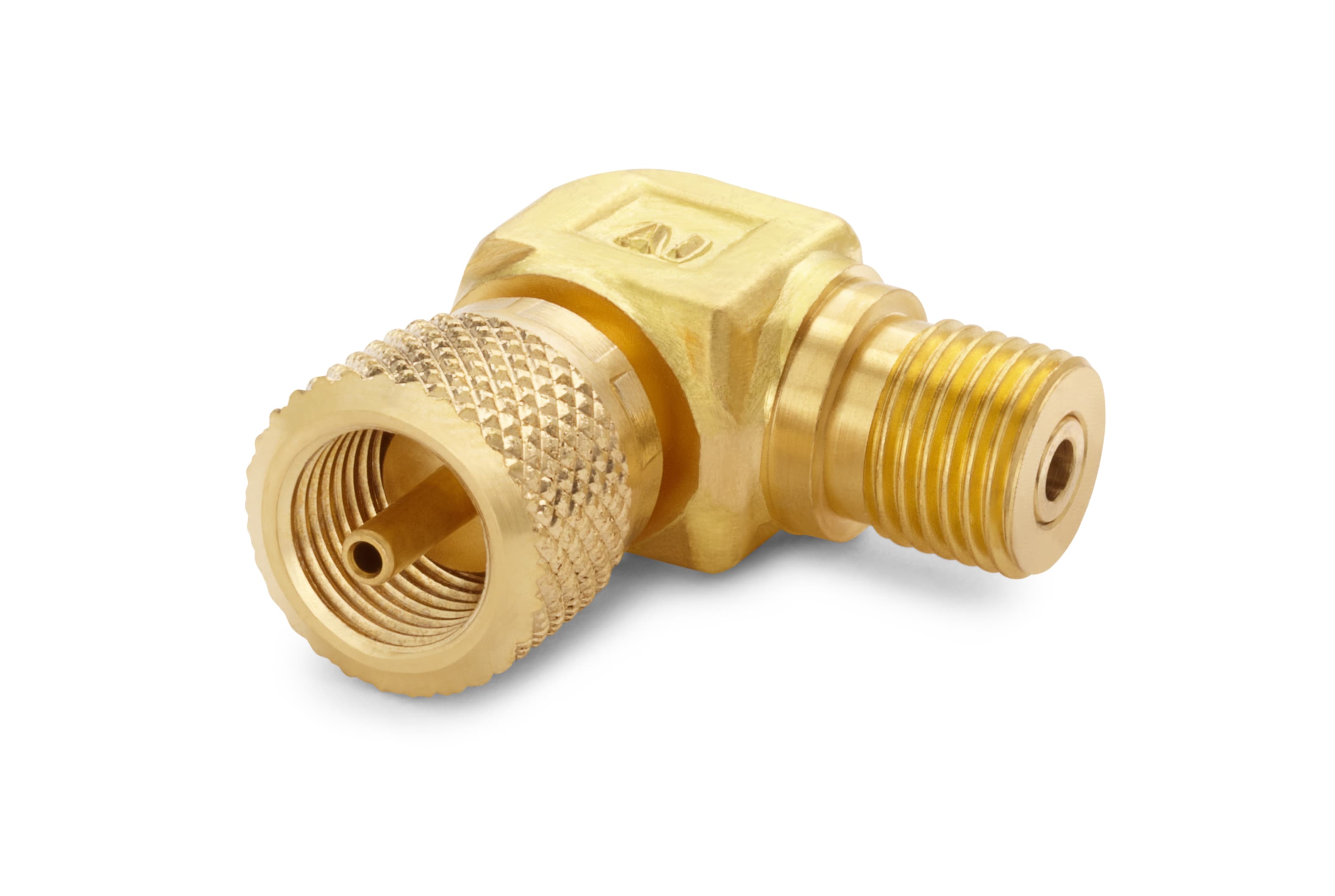 Quick-test 90° elbow adapter (QTHA-HCBL) with brass body and knurled grip for easy, tool-free connections.
