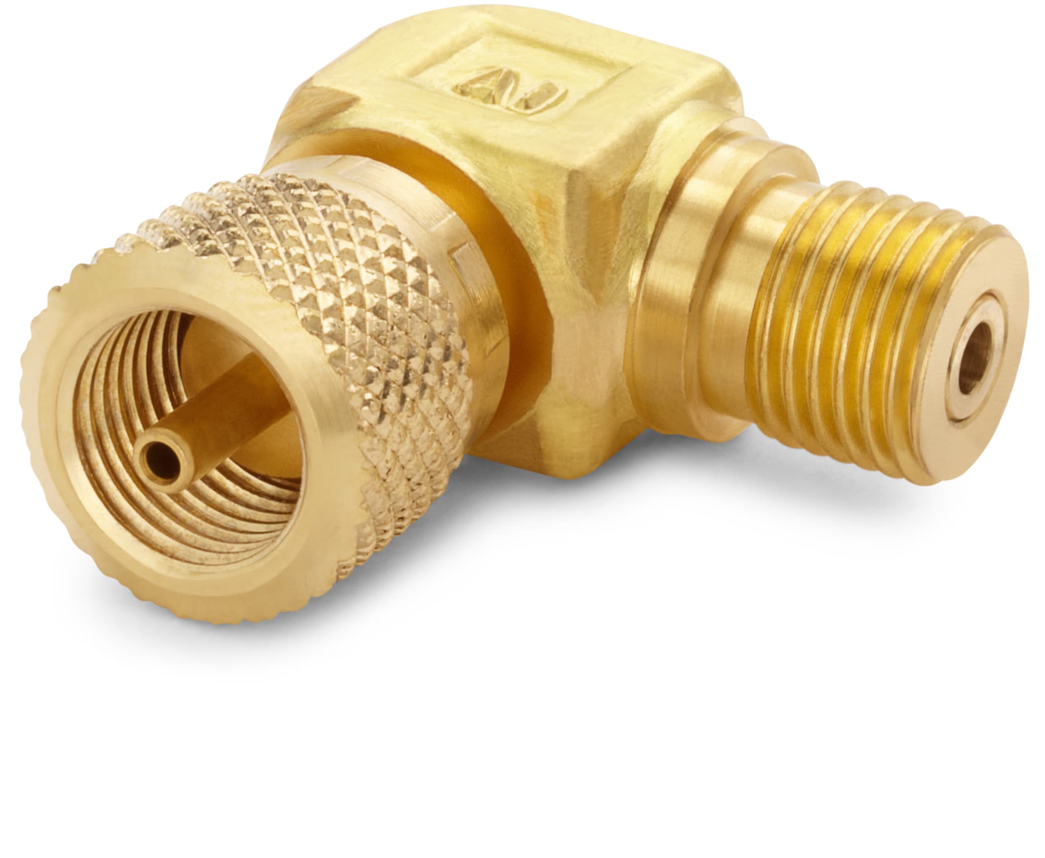 Close-up of Quick-test 90° elbow adapter (QTHA-HCBL) showing detailed brass threads and knurled grip.